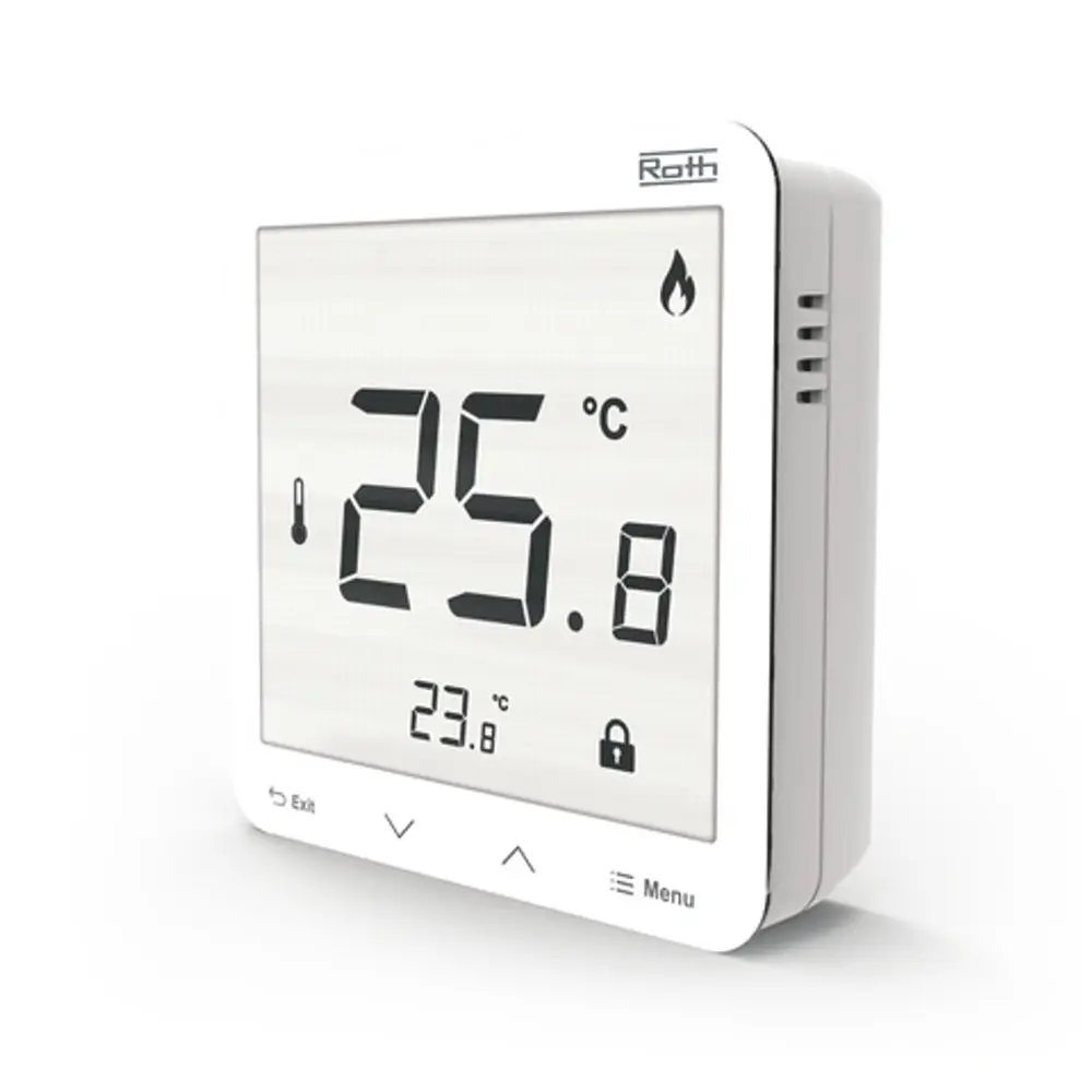 Weißes digitales Raumthermostat von Roth mit großem Display, zeigt Temperaturwerte in Celsius an. Enthält Einstellungen für Heizung und eine sichere Zutrittskontrolle.